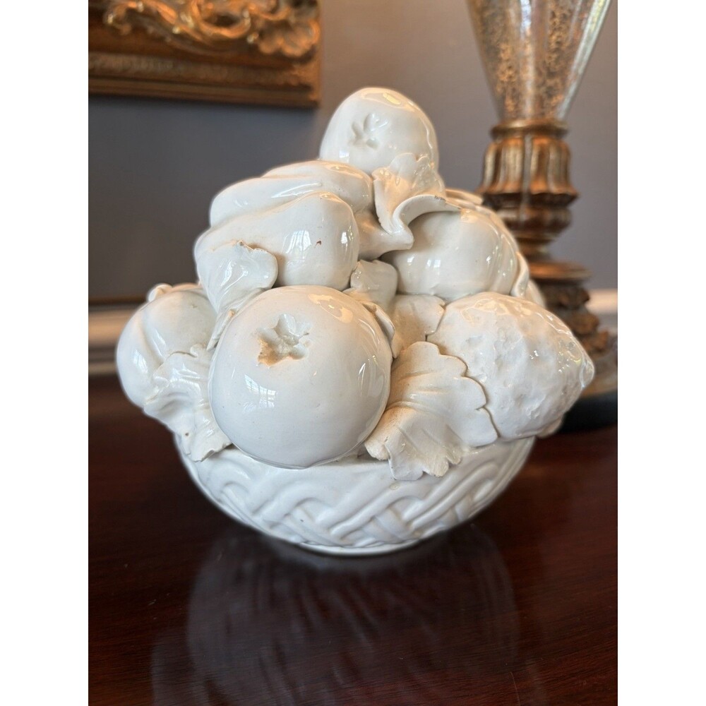 Italian Blanc De Chine Creamware Fruit Bowl Basket Centerpiece MCM 1960's